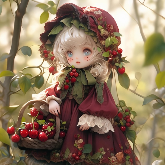 doll with a basket of cherries in a tree generative ai