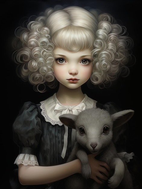 a doll with a black and white dress is holding a lamb.