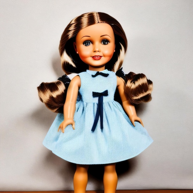 A doll with a blue dress and bow on it