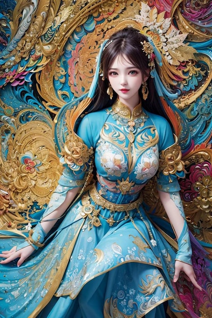 A doll with a blue dress and gold embroidery.