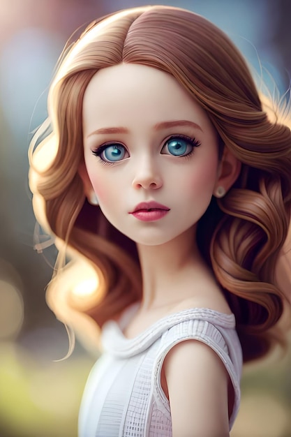 A doll with blue eyes is shown with a white dress and a pink dress.