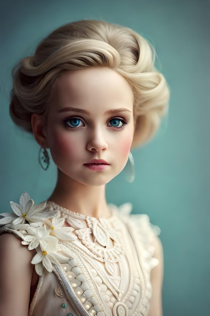 A doll with blue eyes and a white dress