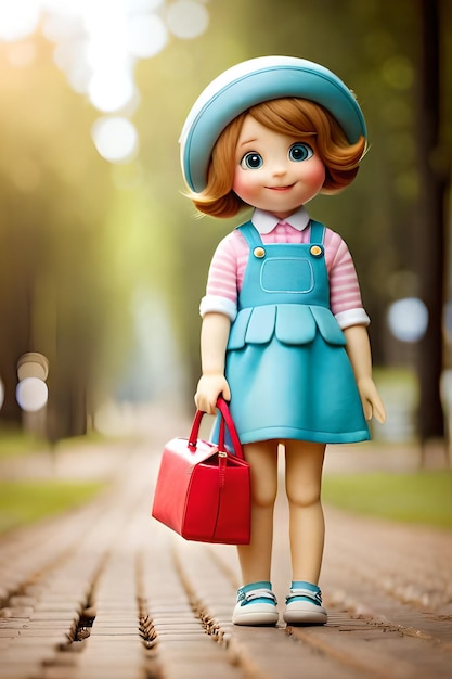 A doll with a blue hat and a pink hat is standing on a road.
