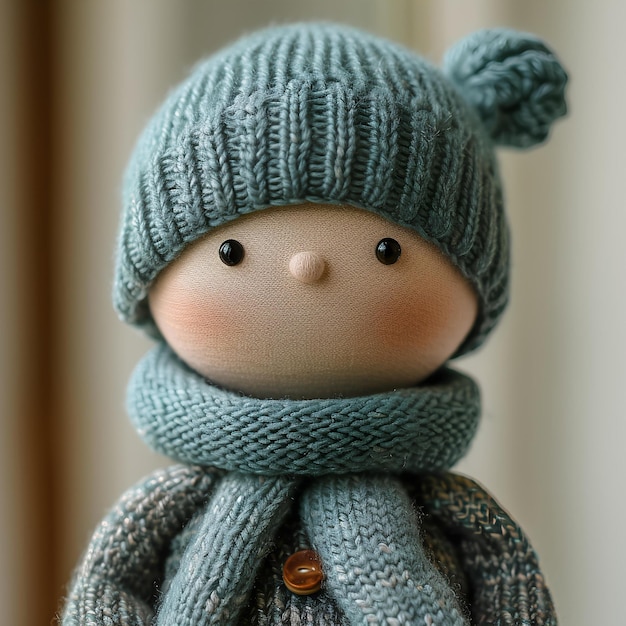 A doll with a blue hat and scarf on