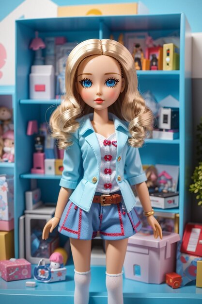 a doll with a blue shirt and a skirt on it