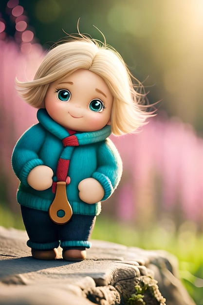 A doll with a blue sweater and red bow on her neck stands on a wooden log.