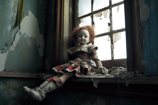 Doll with a broken leg near an attic window created with generative ai