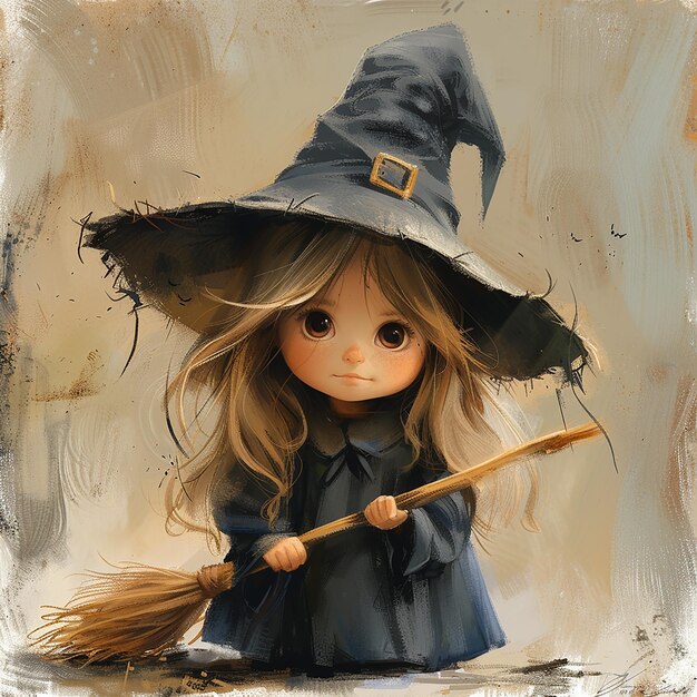 Photo a doll with a broom and a witch hat