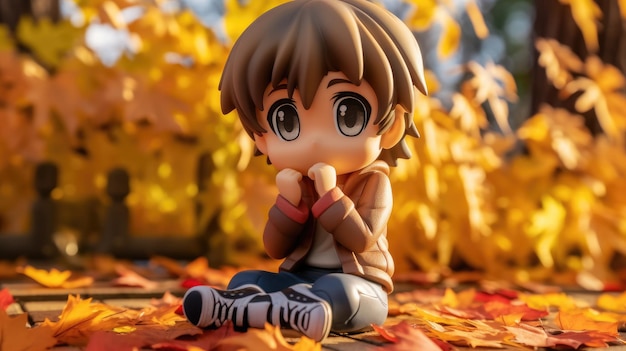 A doll with a brown jacket and blue eyes sits on a pile of autumn leaves.