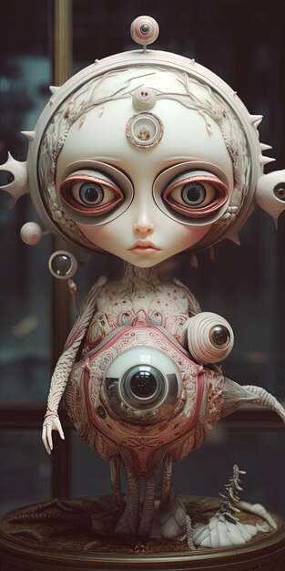 a doll with a camera and a camera in the background