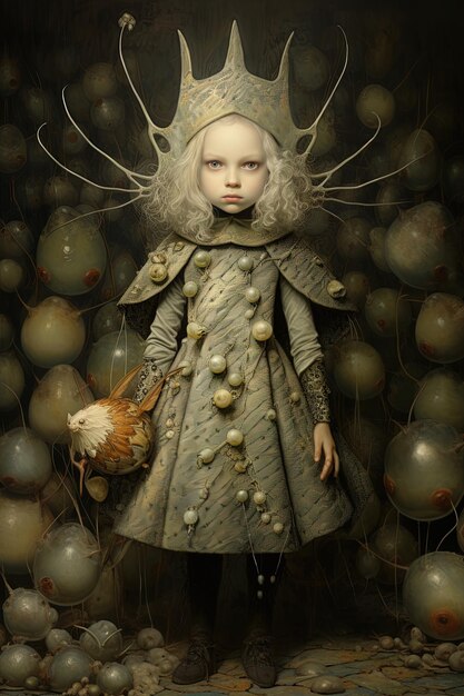 a doll with a chicken in her hand is standing in a ball of balls