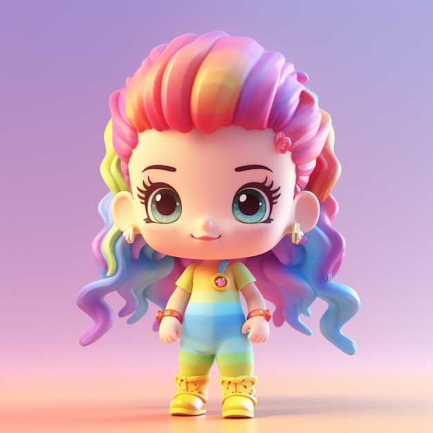 A doll with colorful hair and colorful pants has rainbow hair