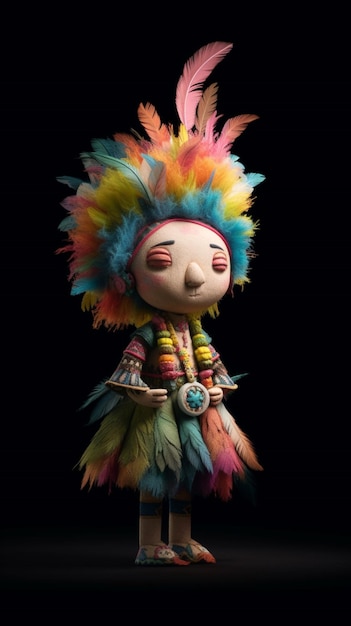 A doll with a colorful headdress and a feather headdress.