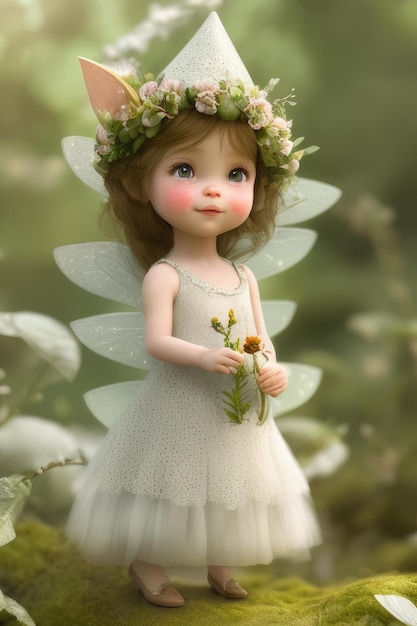 A doll with a flower crown and a flower on her head