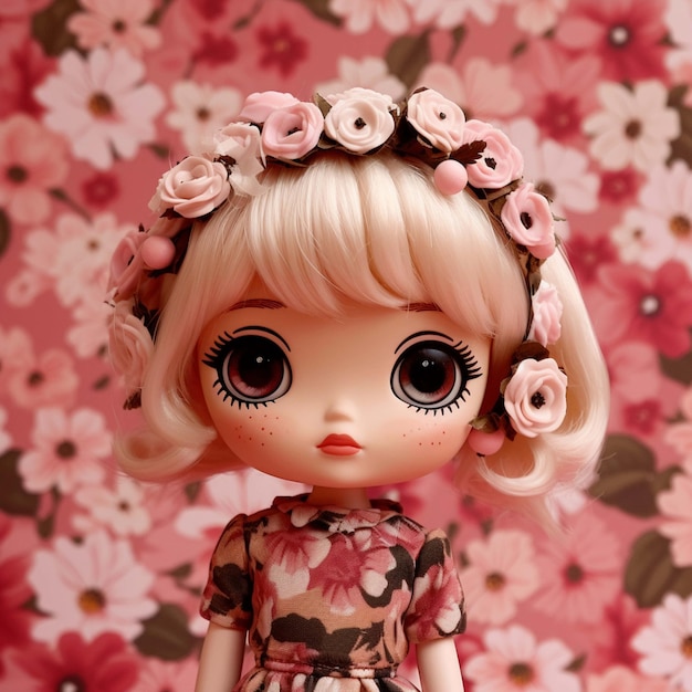 A doll with flowers on her head and a dress that says'flower'on it