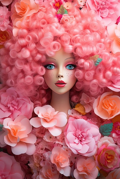 a doll with flowers on it looks in the style of playful typography