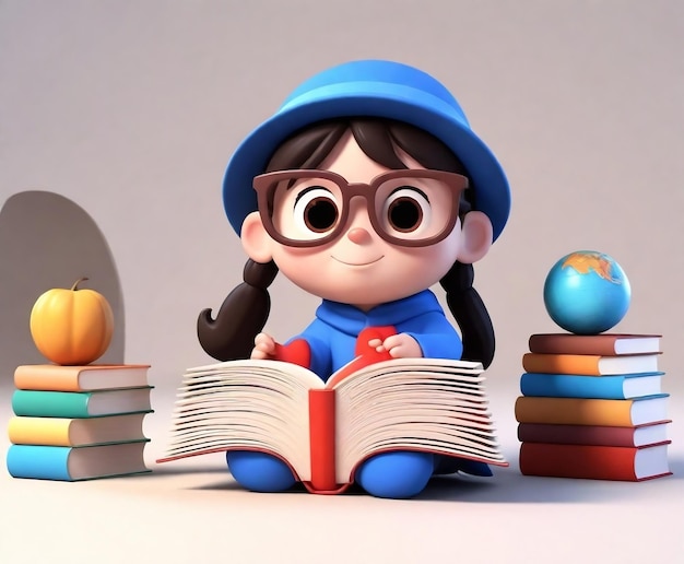a doll with glasses and a book with a globe on it