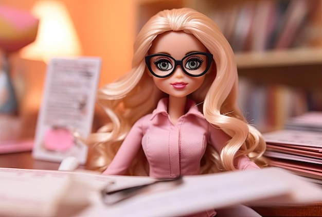 Doll with glasses holding documents