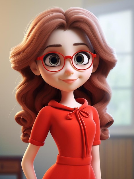 a doll with glasses and a red dress