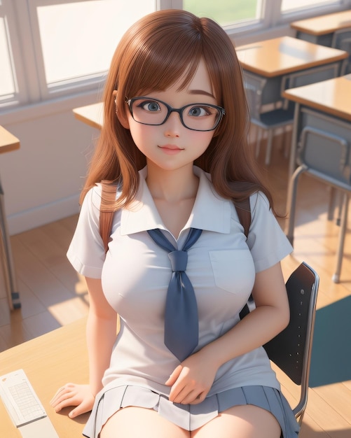 A doll with glasses and a tie sits in a classroom.