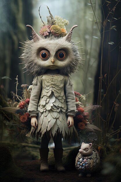 a doll with a hat and a dress that says owl