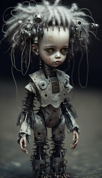 A doll with a headdress and a big head that says'the word robot '