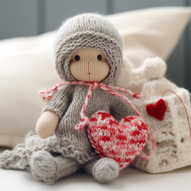 A doll with a heart on it sits on a bed.