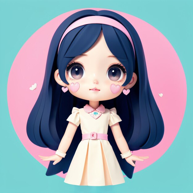 A doll with long black hair wearing a white dress and a pink headband with hearts on her face and a