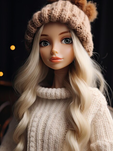 a doll with long blonde hair wearing a knitted hat and looking at the camera while standing in front of a black background