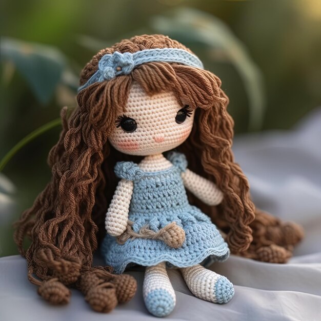 a doll with long hair and a blue dress with a blue bow.