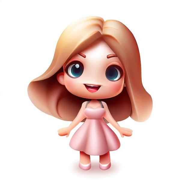 A doll with a pink dress and blue eyes is shown.