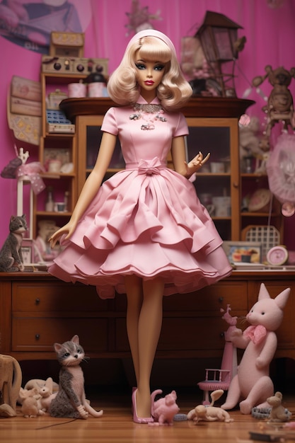 a doll with a pink dress and a pink bow on the front.