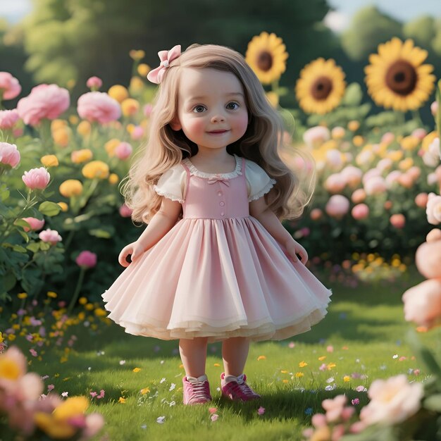 Photo a doll with a pink dress and a pink bow in the middle of the grass