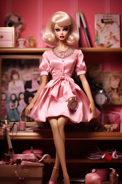 Photo a doll with a pink dress and a pink bow.
