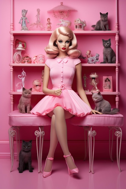 a doll with a pink dress and a pink cat