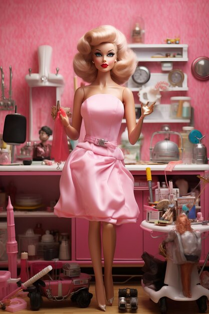 Photo a doll with a pink dress and a pink kitchen sink.