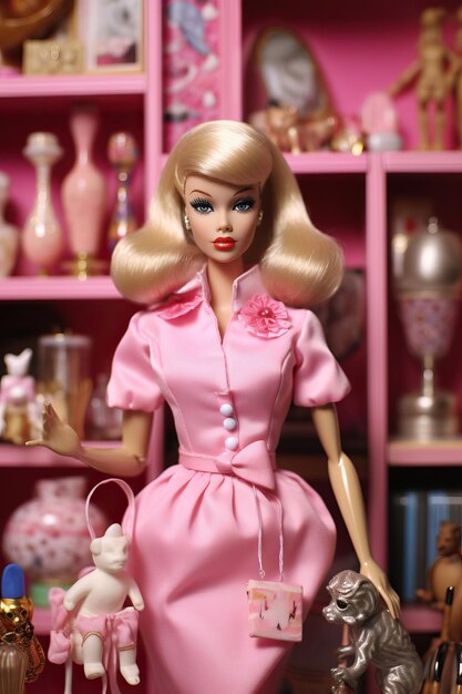 Photo a doll with a pink dress and a pink purse.