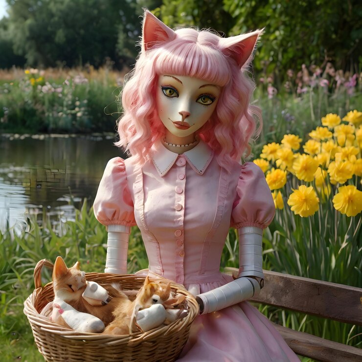 Photo a doll with pink hair and a basket of bread and a basket of bread