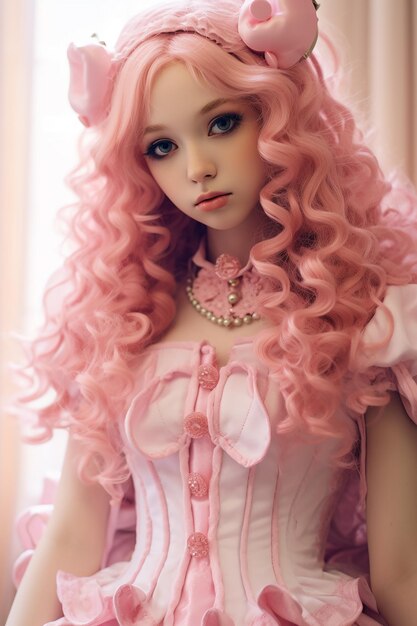 a doll with pink hair and a bow on her head