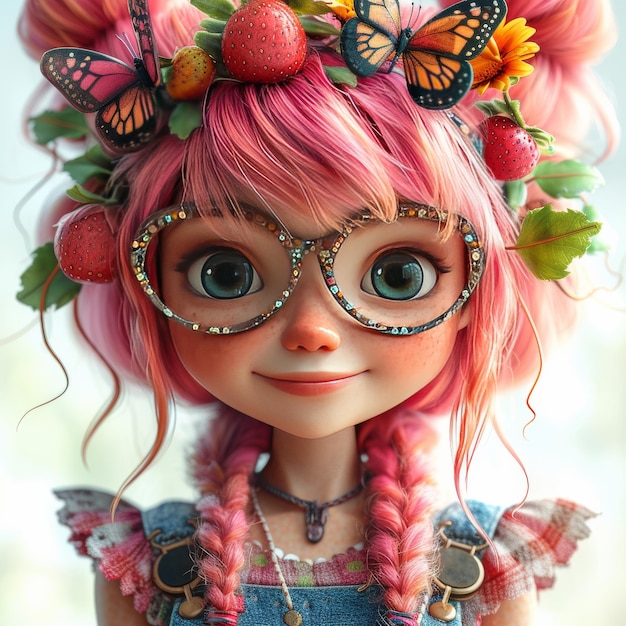 Doll With Pink Hair and Butterfly Glasses