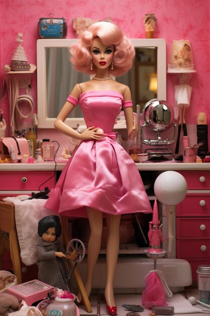 a doll with pink hair and a doll in a pink dress