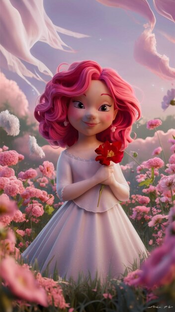 a doll with pink hair and a flower in the background