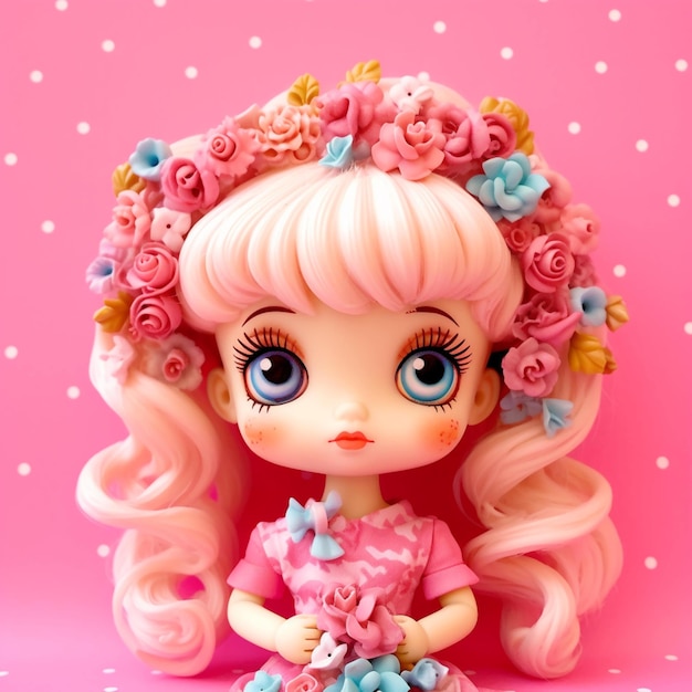 A doll with pink hair and flowers in her hair.