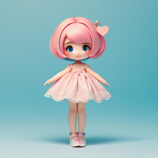 a doll with pink hair and a pink dress on a blue background with a blue background and a blue sky in