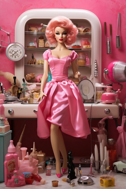 분홍색 머리카락과 분홍색 드레스를 입은 인형이 다양한 메이크업 아이템을 가진 선반 앞에 서 있습니다.