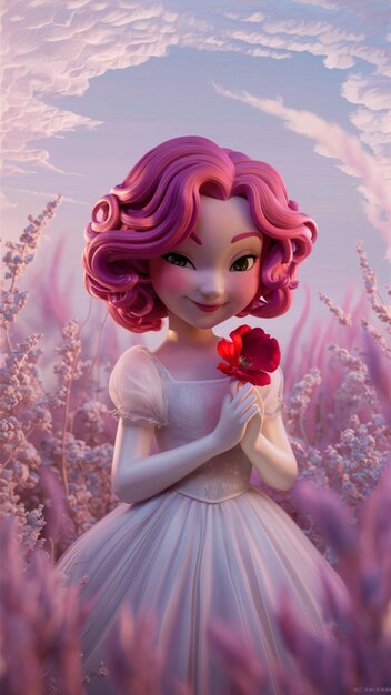 a doll with pink hair and a red flower in her hand