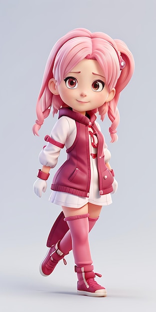 a doll with pink hair and a red jacket