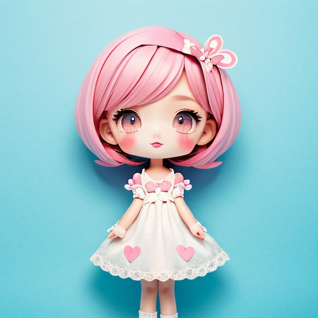 A doll with pink hair wearing a white dress and a pink bow on her head and a pink bow on her head an