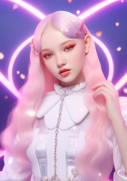 a doll with pink hair and a white dress with a pink hair band on it