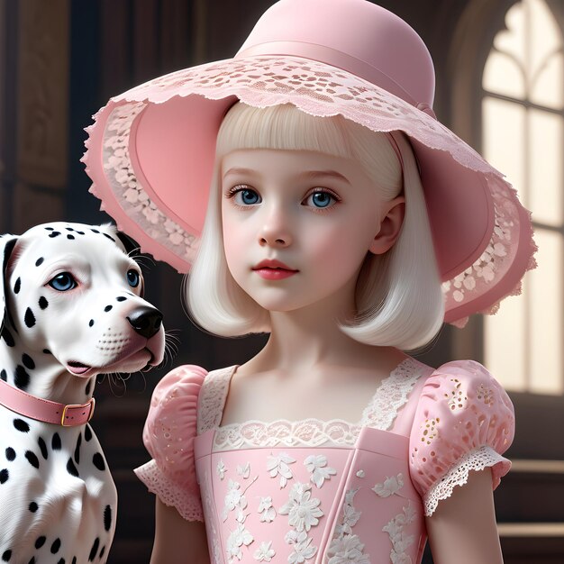 Photo a doll with a pink hat and a dog in a pink dress